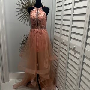 Jovani Coral-Peach Beaded High-Low Evening Dress